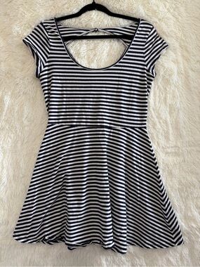American Eagle Womens Nautical Striped Mini Dress Size L Navy White Cutout Back
